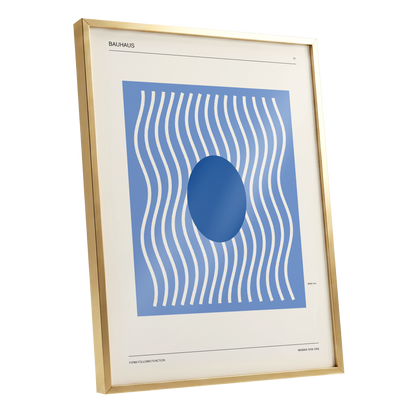 Blue Rhythm No. 51, blue, beige, white minimalist wall art shown as a gold framed poster wall art print
