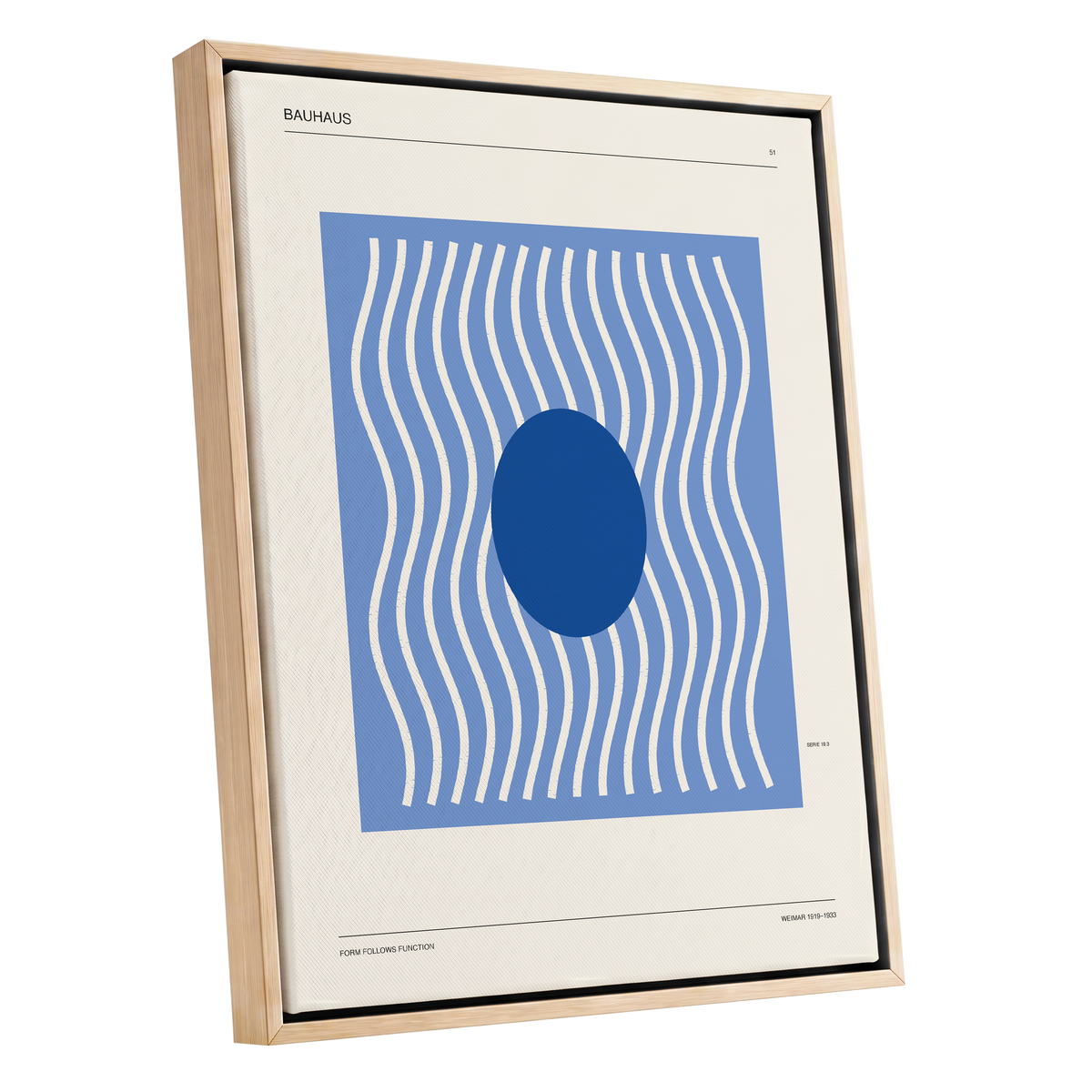 Blue Rhythm No. 51, blue, beige, white minimalist wall art shown as a oak framed canvas wall art