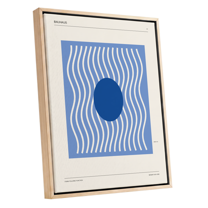 Blue Rhythm No. 51, blue, beige, white minimalist wall art shown as a oak framed canvas wall art