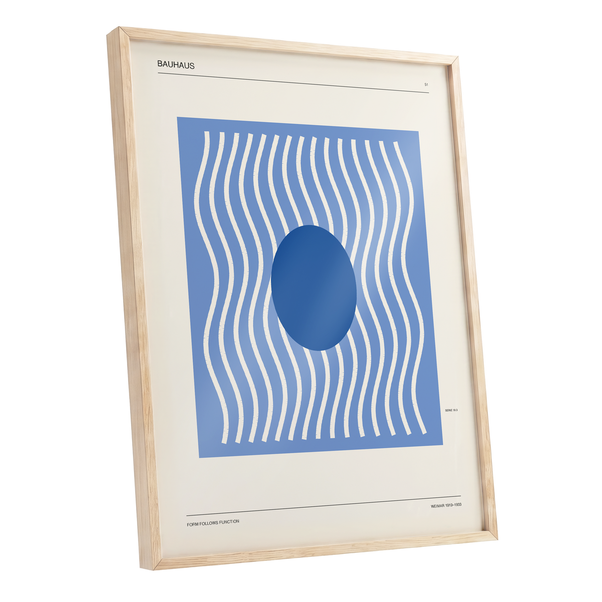Blue Rhythm No. 51, blue, beige, white minimalist wall art shown as a oak framed poster wall art print
