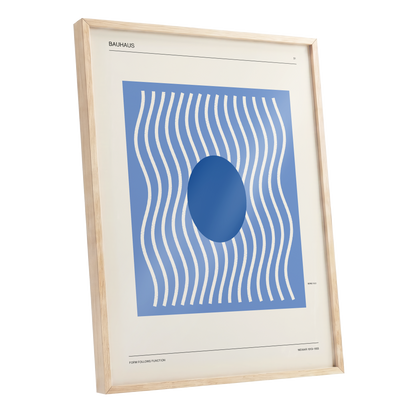 Blue Rhythm No. 51, blue, beige, white minimalist wall art shown as a oak framed poster wall art print