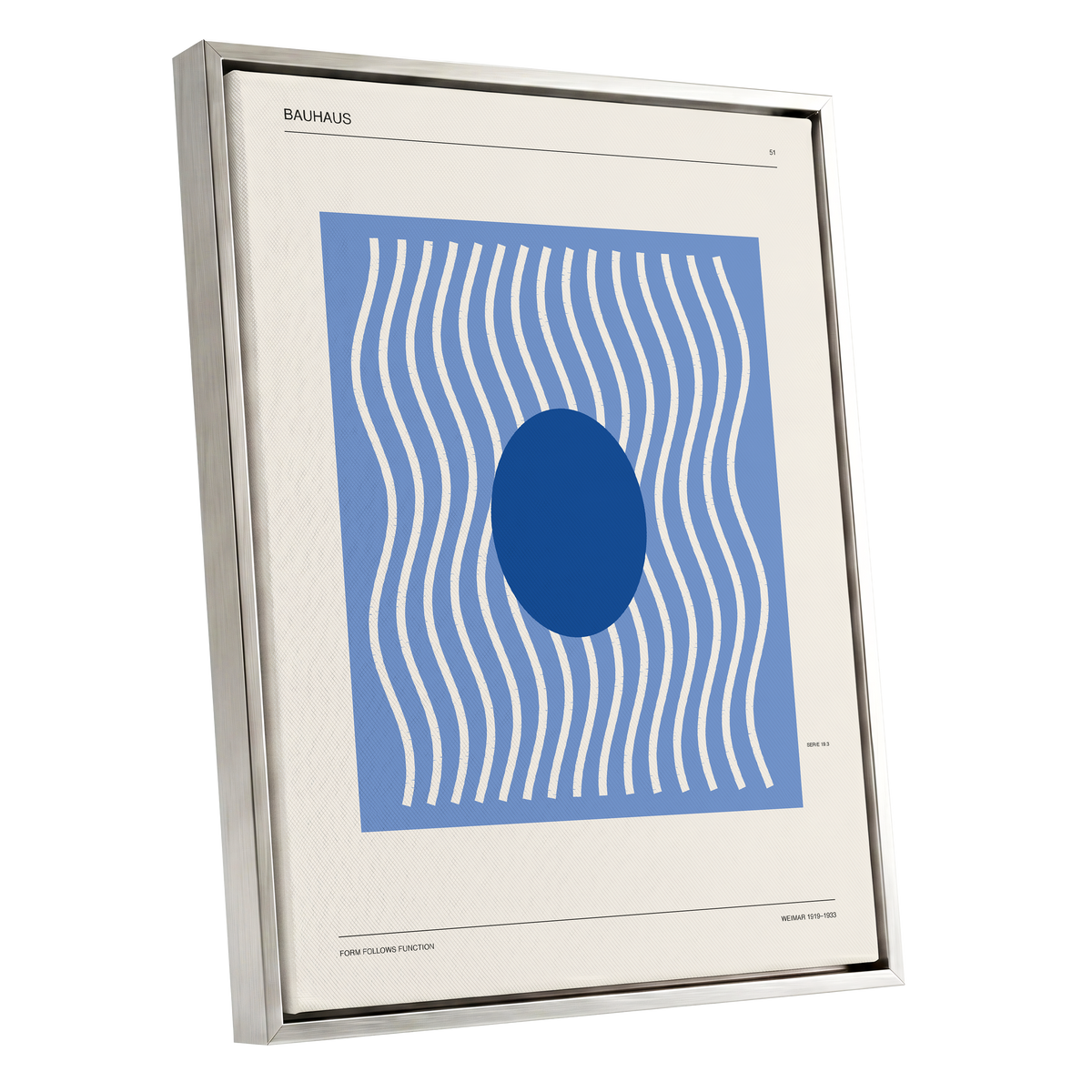 Blue Rhythm No. 51, blue, beige, white minimalist wall art shown as a silver framed canvas wall art