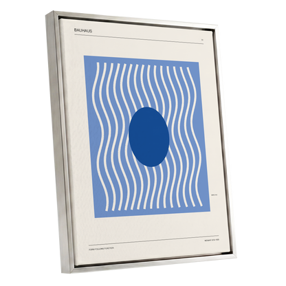 Blue Rhythm No. 51, blue, beige, white minimalist wall art shown as a silver framed canvas wall art