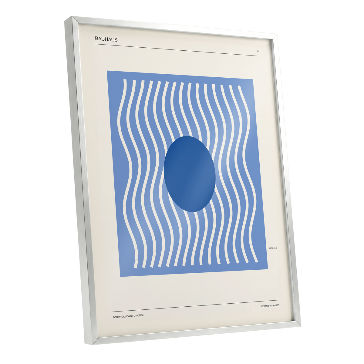 Blue Rhythm No. 51, blue, beige, white minimalist wall art shown as a silver framed poster wall art print