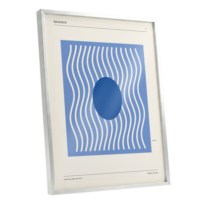 Blue Rhythm No. 51, blue, beige, white minimalist wall art shown as a silver framed poster wall art print