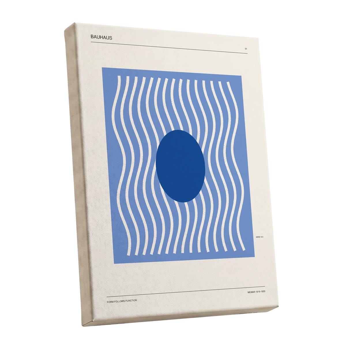 Blue Rhythm No. 51, blue, beige, white minimalist wall art shown as a stretched canvas wall art