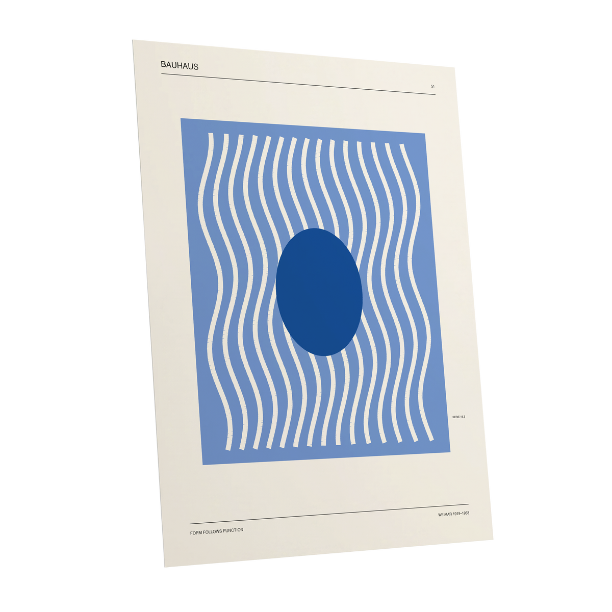 Blue Rhythm No. 51, blue, beige, white minimalist wall art shown as a unframed poster wall art print