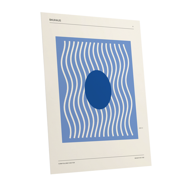 Blue Rhythm No. 51, blue, beige, white minimalist wall art shown as a unframed poster wall art print