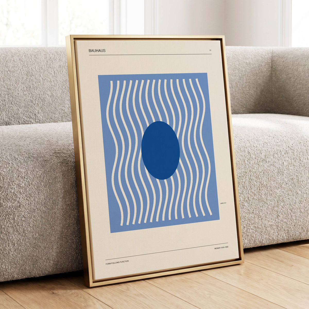 Blue Rhythm No. 51, blue, beige, white minimalist wall art displayed in a styled interior, gallery view 1