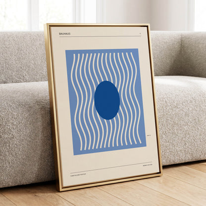 Blue Rhythm No. 51, blue, beige, white minimalist wall art displayed in a styled interior, gallery view 1