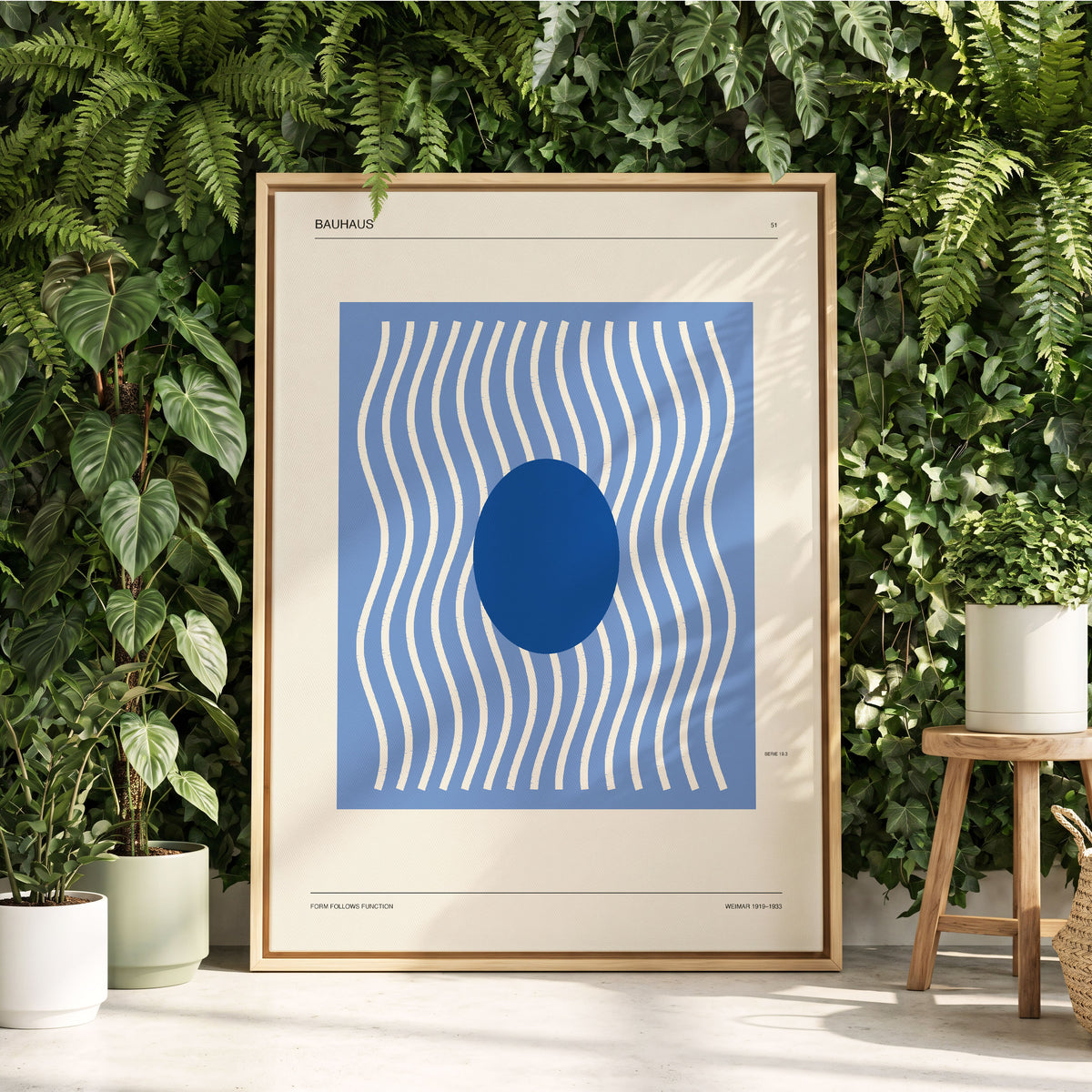 Blue Rhythm No. 51, blue, beige, white minimalist wall art displayed in a styled interior, gallery view 2