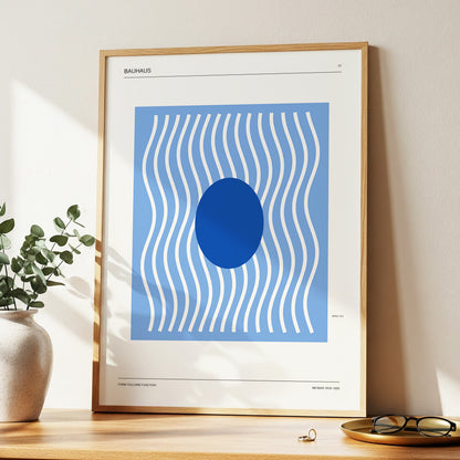 Blue Rhythm No. 51, blue, beige, white minimalist wall art displayed in a styled interior, gallery view 3