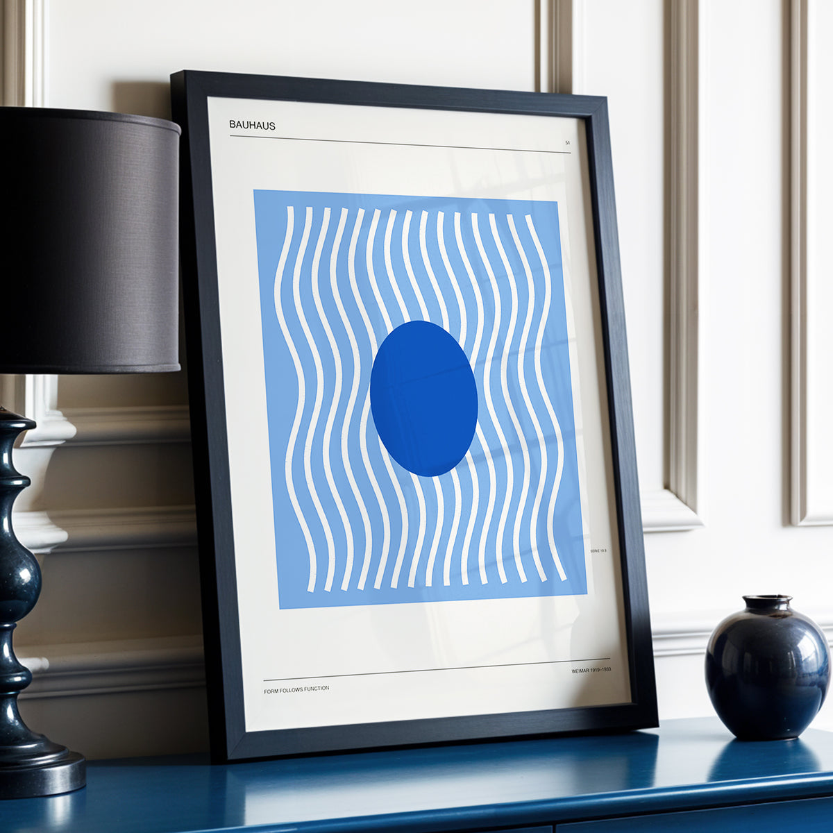 Blue Rhythm No. 51, blue, beige, white minimalist wall art displayed in a styled interior, gallery view 4