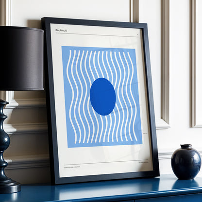 Blue Rhythm No. 51, blue, beige, white minimalist wall art displayed in a styled interior, gallery view 4