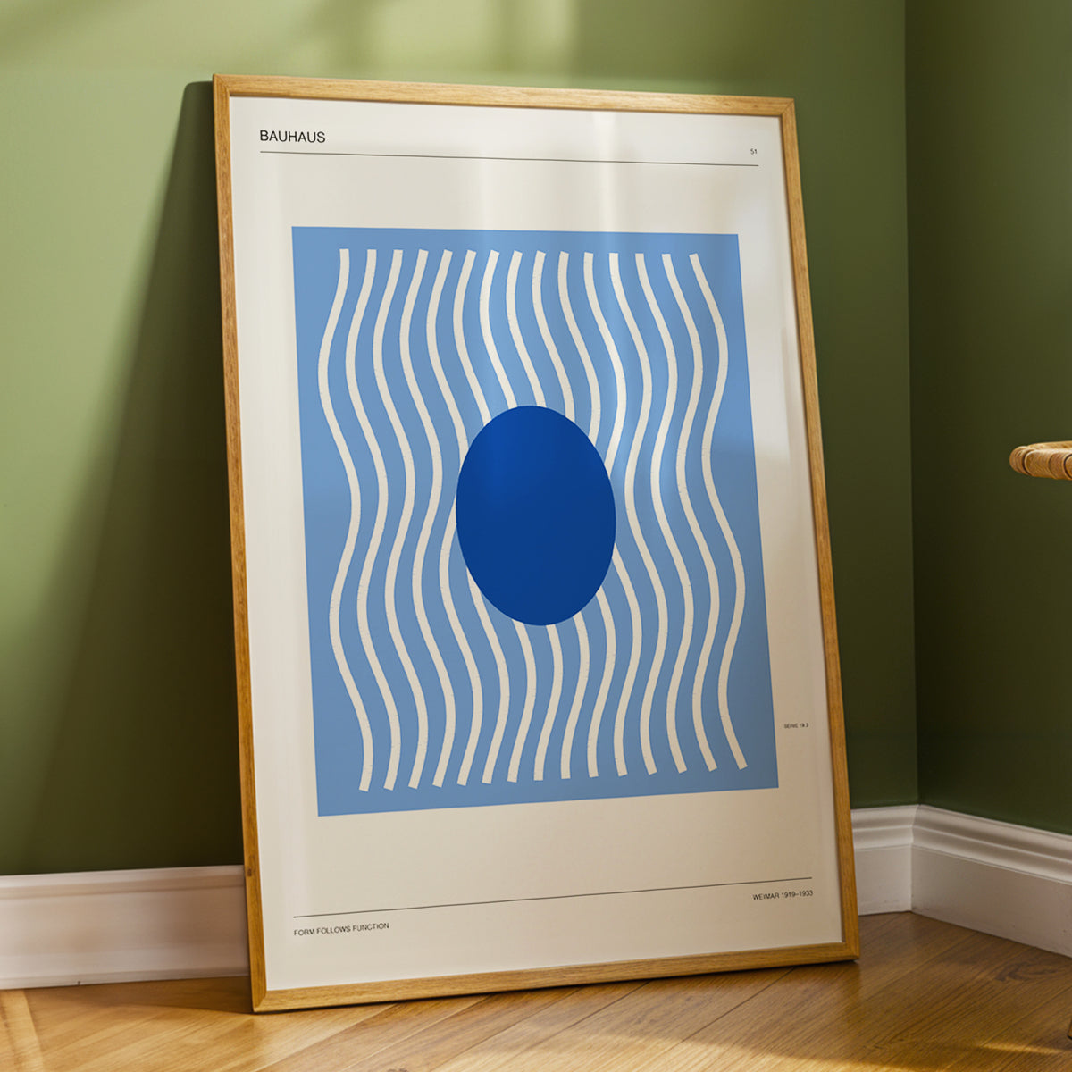 Blue Rhythm No. 51, blue, beige, white minimalist wall art displayed in a styled interior, gallery view 5