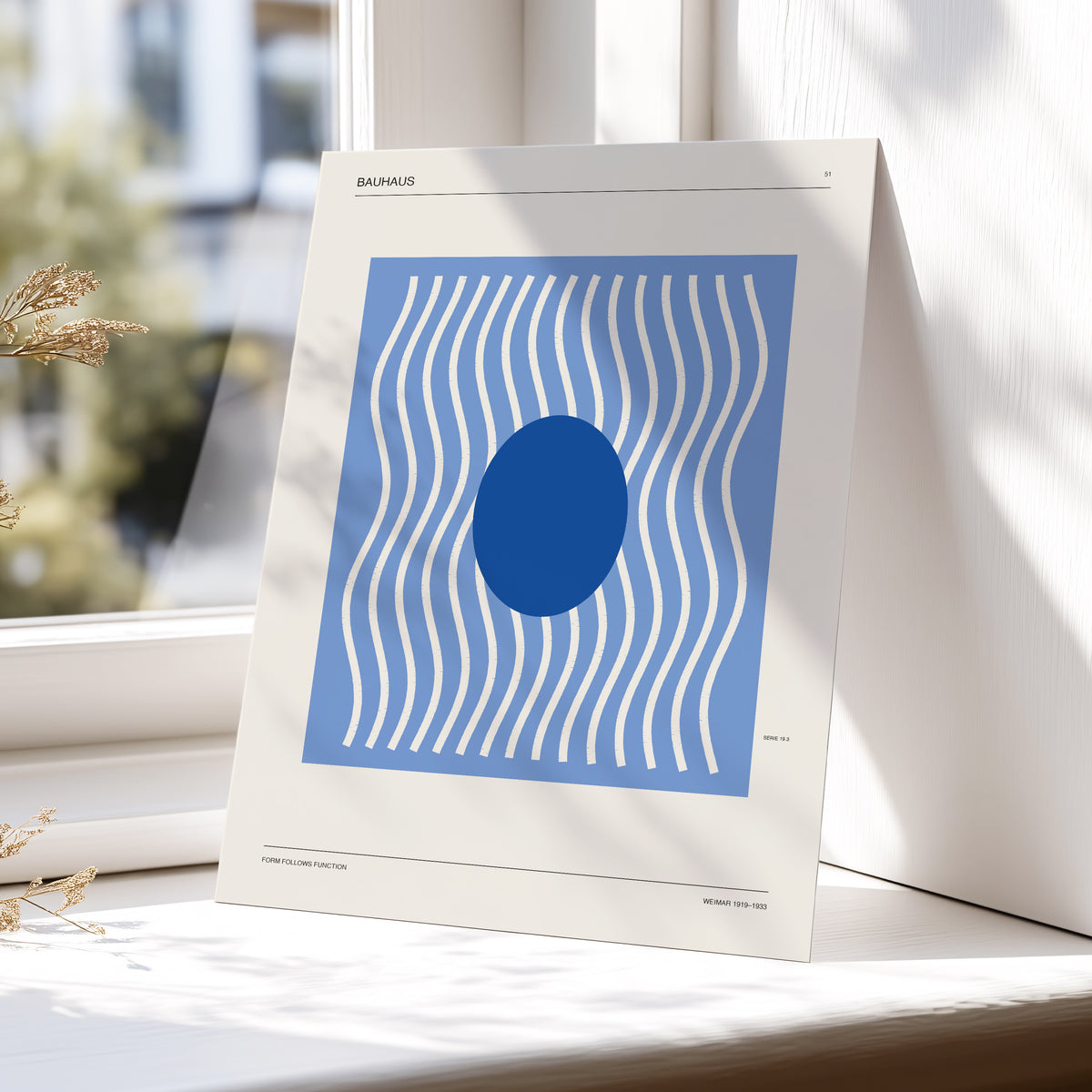 Blue Rhythm No. 51, blue, beige, white minimalist wall art displayed in a styled interior, gallery view 6