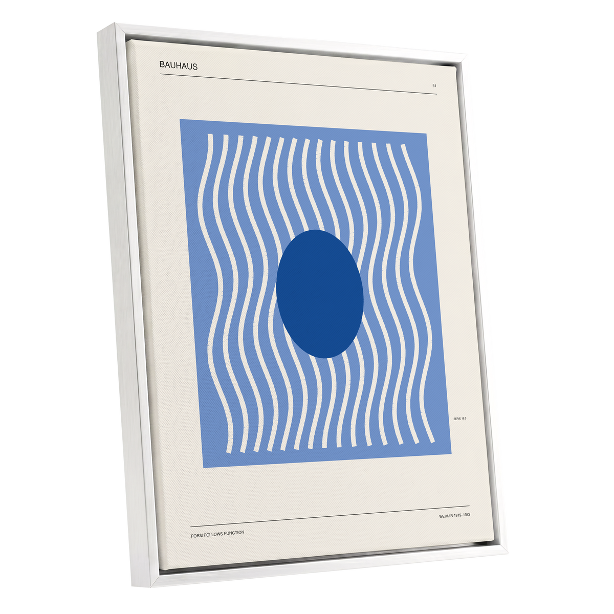 Blue Rhythm No. 51, blue, beige, white minimalist wall art shown as a white framed canvas wall art