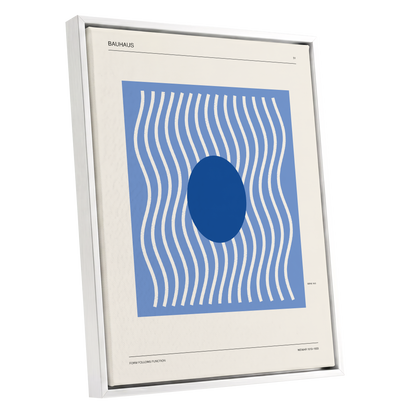 Blue Rhythm No. 51, blue, beige, white minimalist wall art shown as a white framed canvas wall art