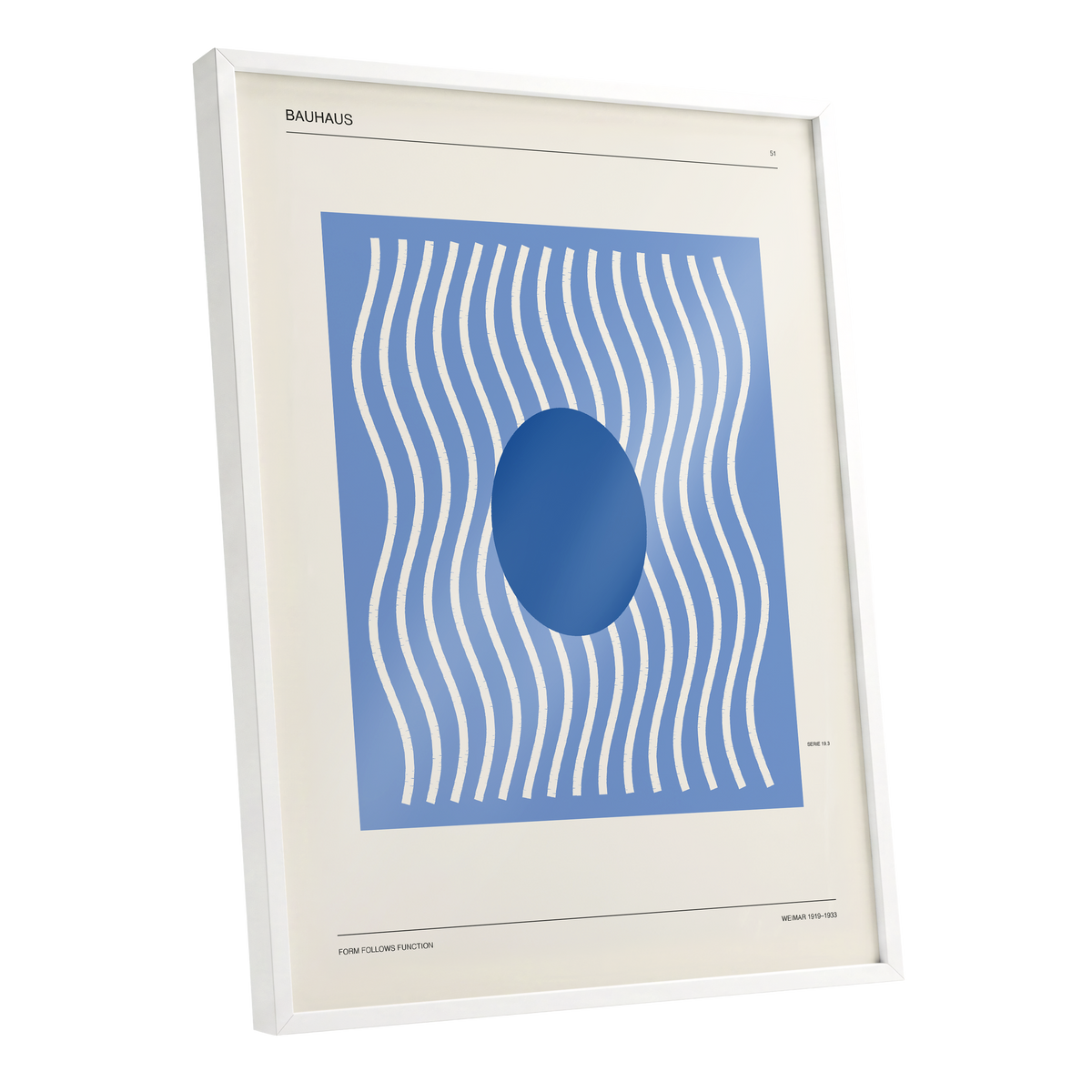 Blue Rhythm No. 51, blue, beige, white minimalist wall art shown as a white framed poster wall art print