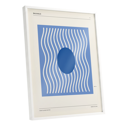 Blue Rhythm No. 51, blue, beige, white minimalist wall art shown as a white framed poster wall art print