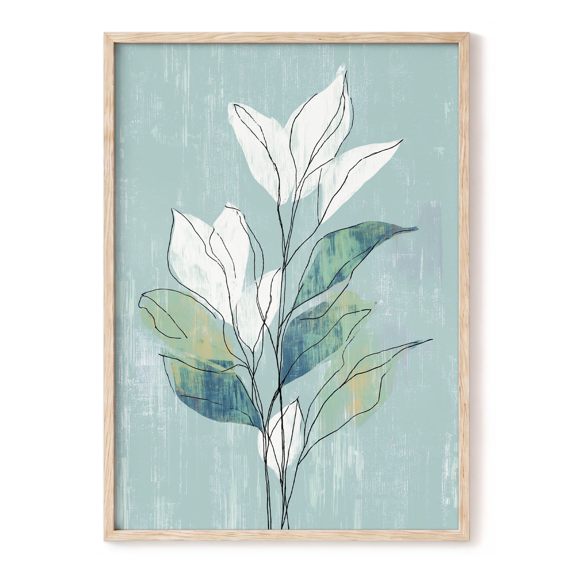 Blue Sage Botanical Lines – blue, green, white nature wall art, front view