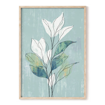 Blue Sage Botanical Lines – blue, green, white nature wall art, front view