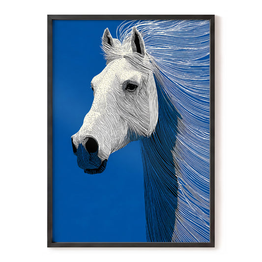 Blue Stallion, blue, white, black nature wall art, front artwork view