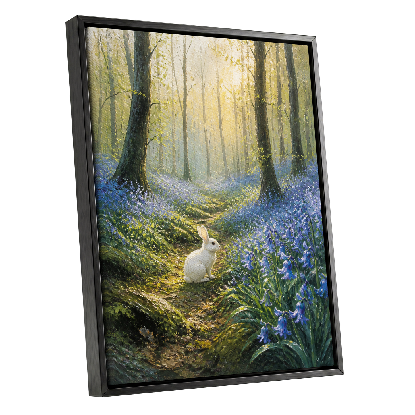 Bluebell Dawn, green, blue, gold nature wall art shown as a black framed canvas wall art
