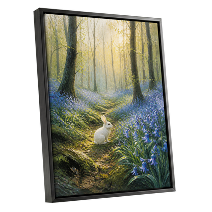 Bluebell Dawn, green, blue, gold nature wall art shown as a black framed canvas wall art
