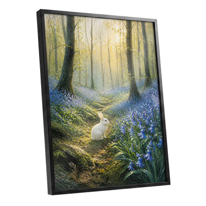 Bluebell Dawn, green, blue, gold nature wall art shown as a black framed poster wall art print