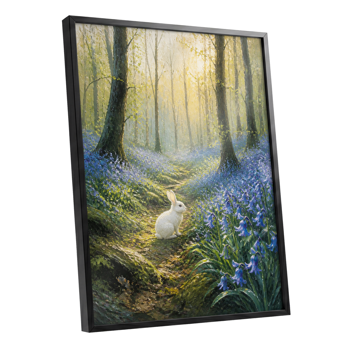 Bluebell Dawn, green, blue, gold nature wall art shown as a black framed poster wall art print
