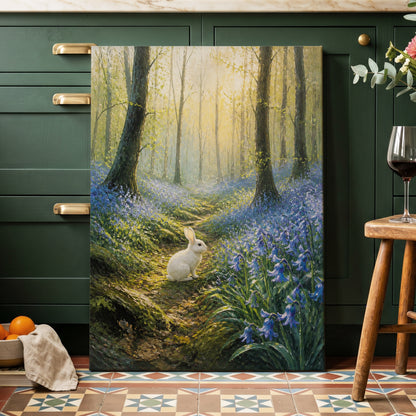 Bluebell Dawn, green, blue, gold nature wall art on canvas displayed in a styled interior, gallery view 1