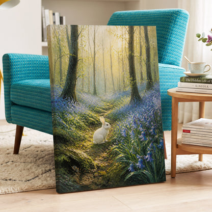 Bluebell Dawn, green, blue, gold nature wall art on canvas displayed in a styled interior, gallery view 2