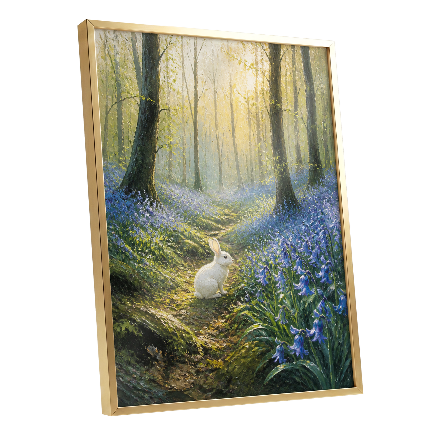 Bluebell Dawn, green, blue, gold nature wall art shown as a gold framed poster wall art print