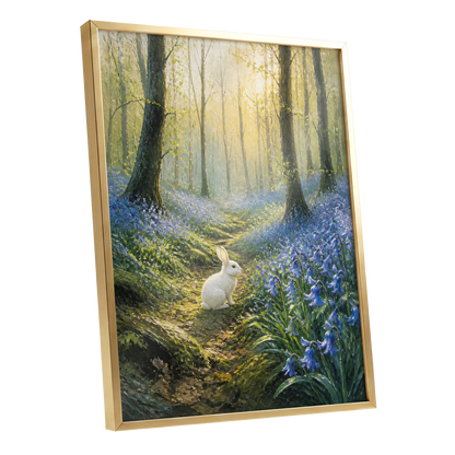 Bluebell Dawn, green, blue, gold nature wall art shown as a gold framed poster wall art print