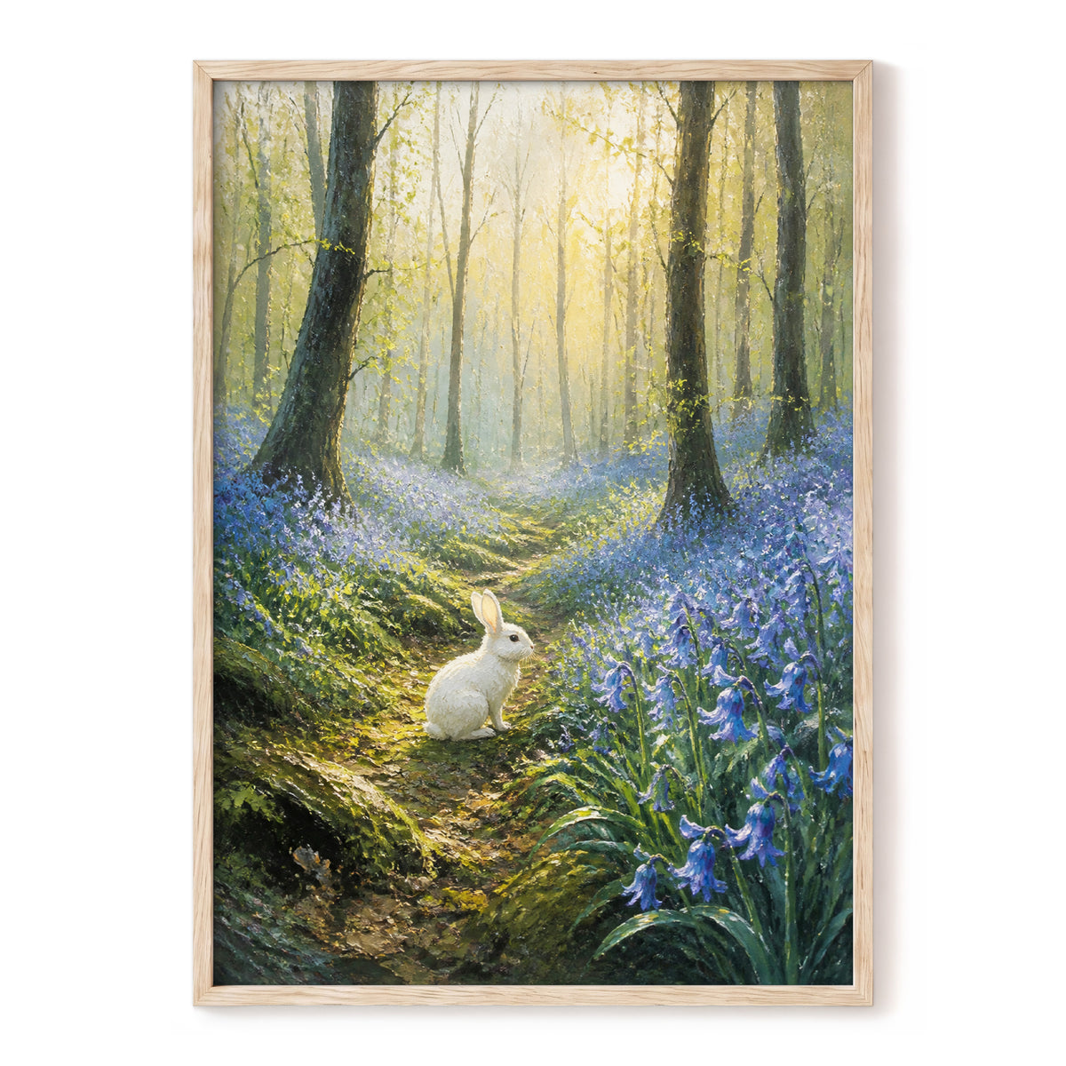 Bluebell Dawn, green, blue, gold nature wall art, front artwork view