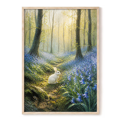 Bluebell Dawn, green, blue, gold nature wall art, front artwork view