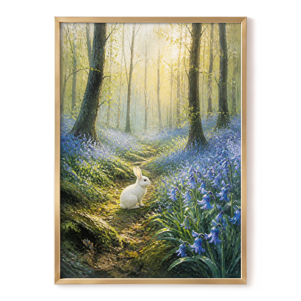 Bluebell Dawn, green, blue, gold nature wall art, front artwork view