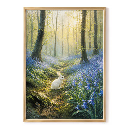 Bluebell Dawn, green, blue, gold nature wall art, front artwork view