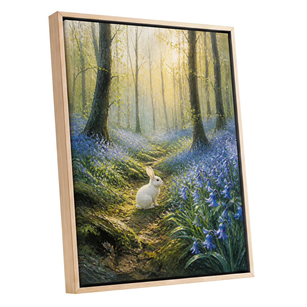 Bluebell Dawn, green, blue, gold nature wall art shown as a oak framed canvas wall art