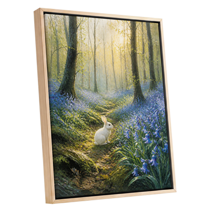 Bluebell Dawn, green, blue, gold nature wall art shown as a oak framed canvas wall art