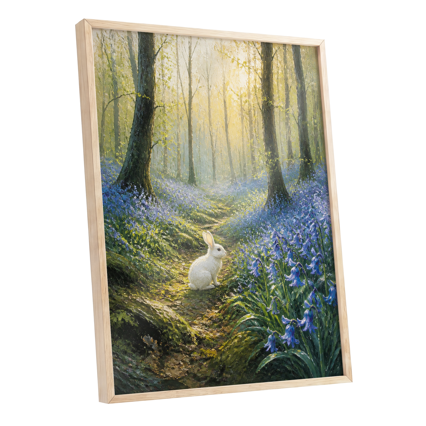 Bluebell Dawn, green, blue, gold nature wall art shown as a oak framed poster wall art print