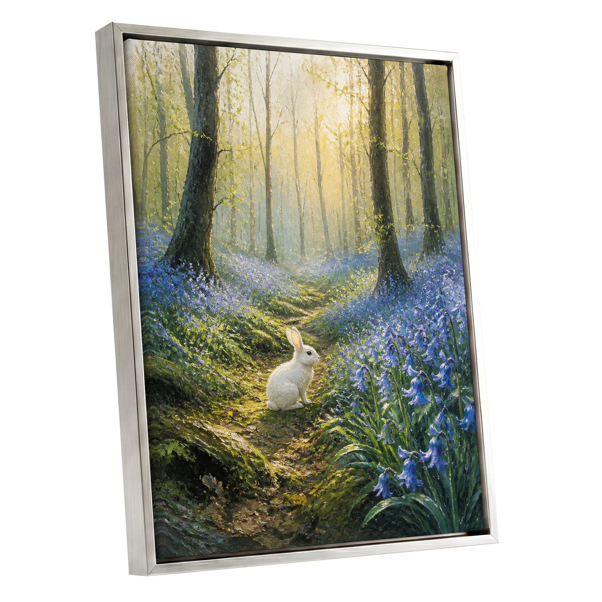 Bluebell Dawn, green, blue, gold nature wall art shown as a silver framed canvas wall art