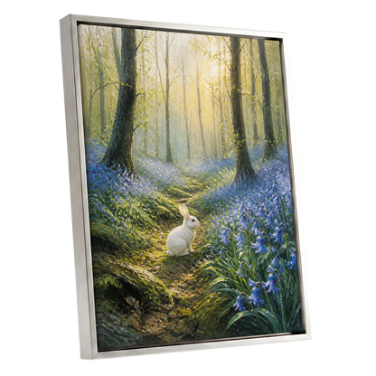 Bluebell Dawn, green, blue, gold nature wall art shown as a silver framed canvas wall art