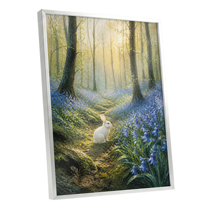 Bluebell Dawn, green, blue, gold nature wall art shown as a silver framed poster wall art print