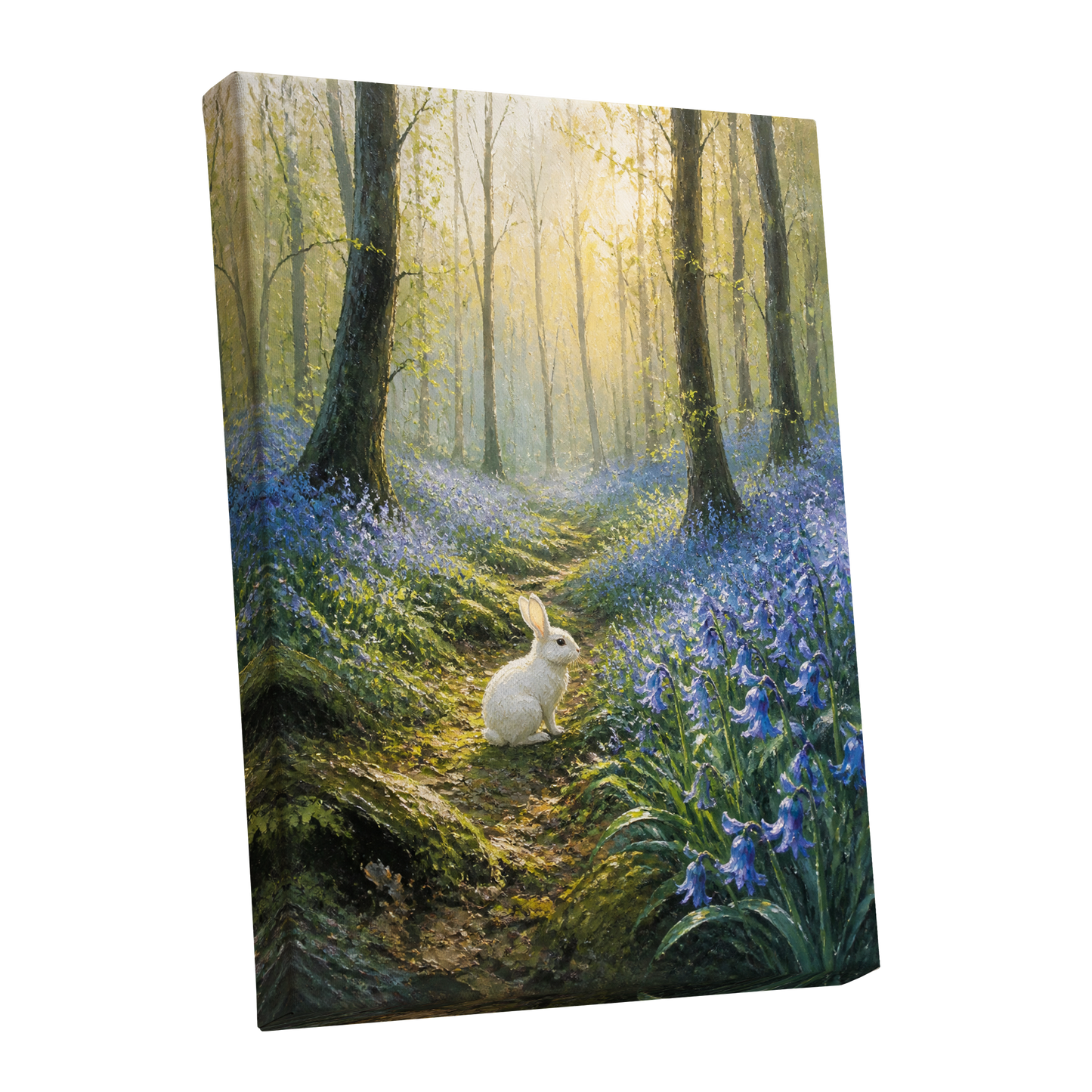 Bluebell Dawn, green, blue, gold nature wall art shown as a stretched canvas wall art