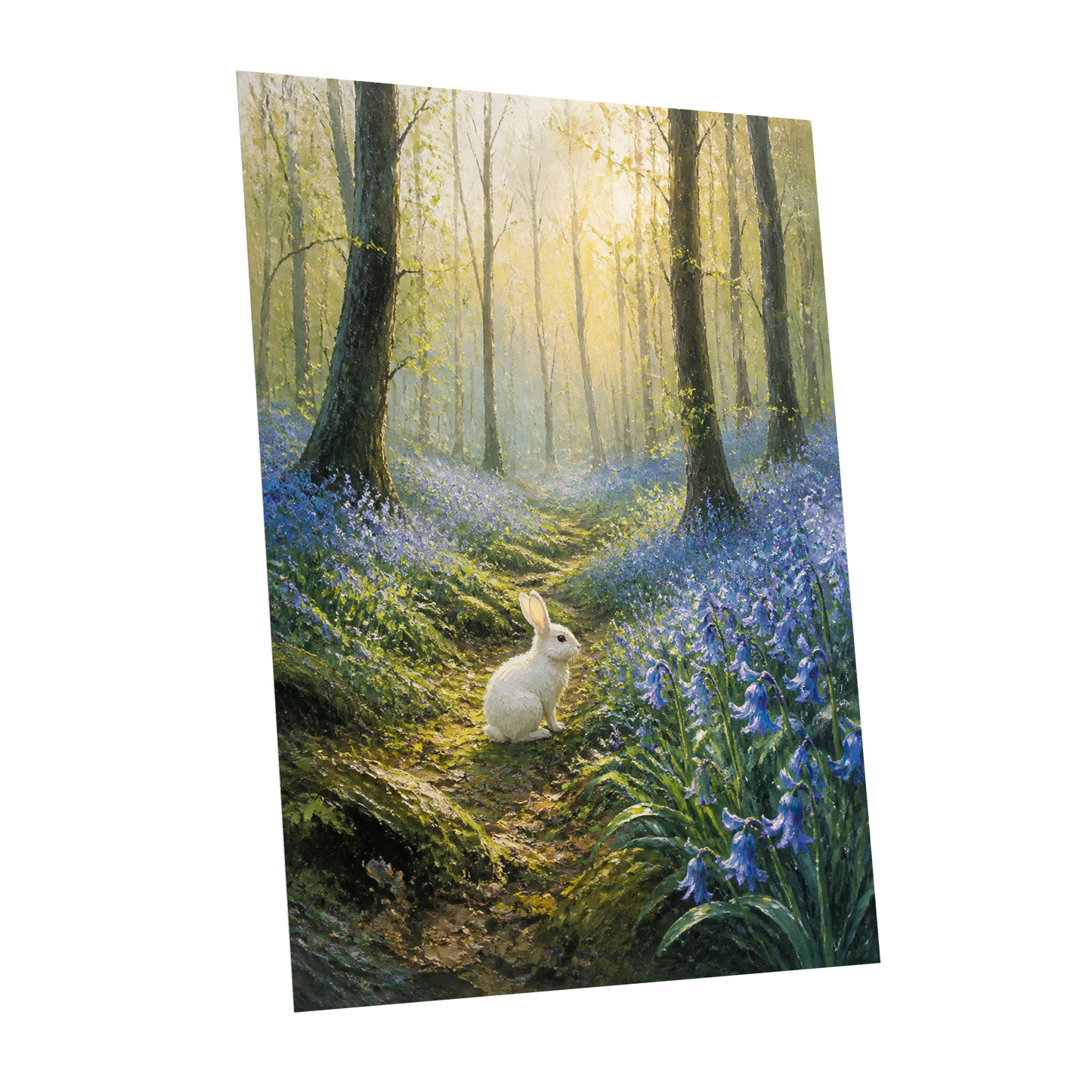 Bluebell Dawn, green, blue, gold nature wall art shown as a unframed poster wall art print