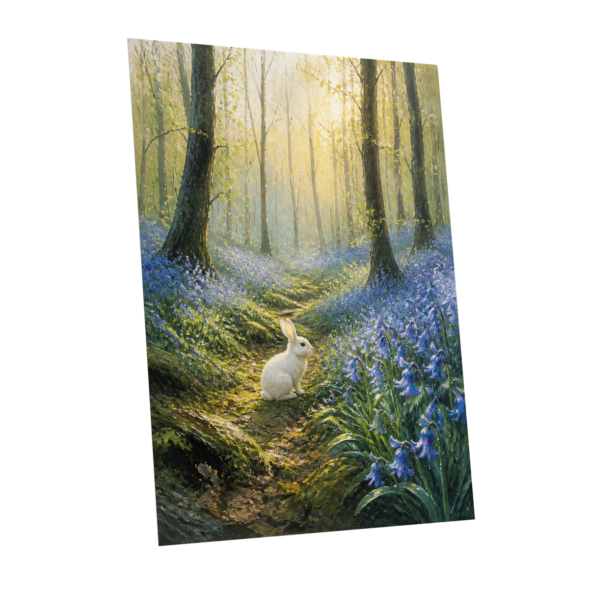 Bluebell Dawn, green, blue, gold nature wall art shown as a unframed poster wall art print