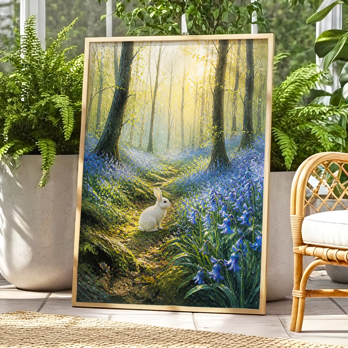 Bluebell Dawn, green, blue, gold nature wall art displayed in a styled interior, gallery view 1