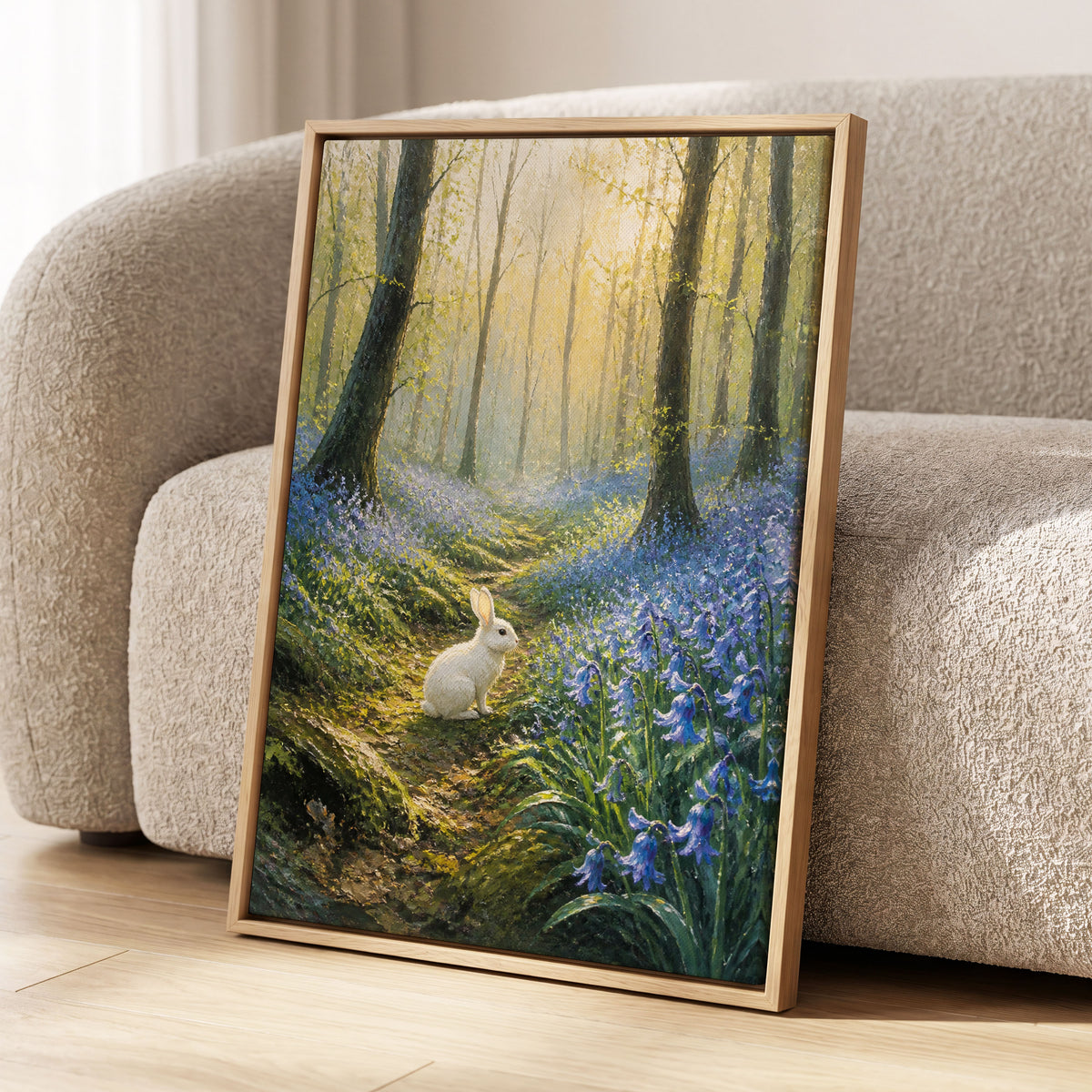 Bluebell Dawn, green, blue, gold nature wall art displayed in a styled interior, gallery view 1
